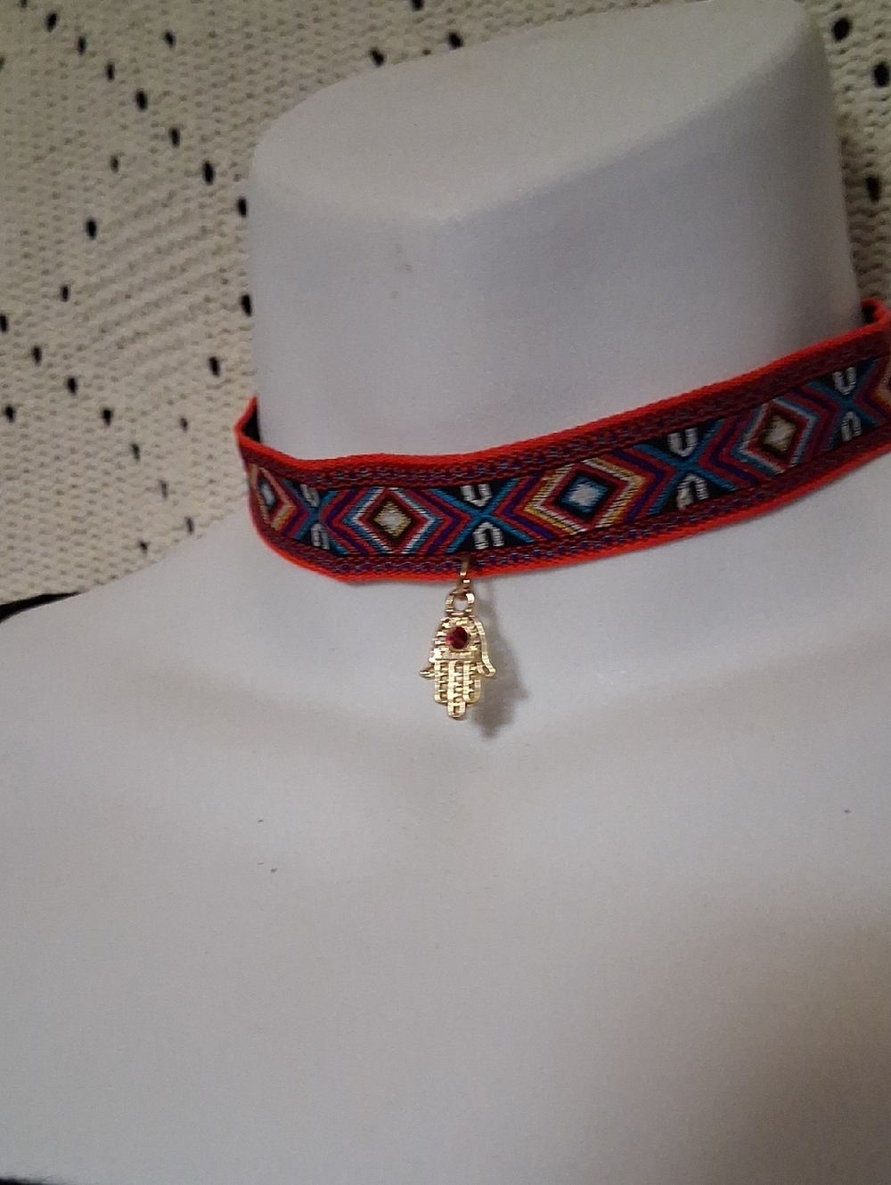 Bohemian Red Patterned Choker with Gold Hamsa Charm